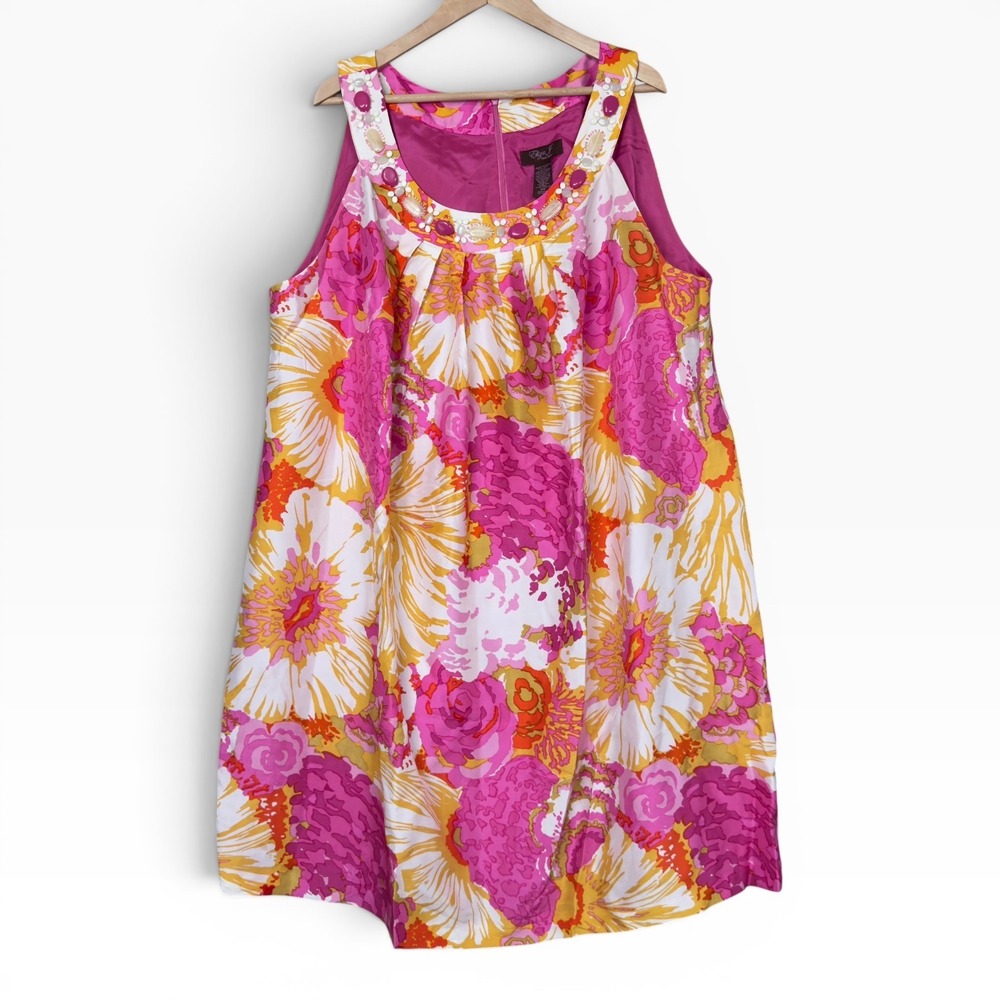 Eliza J Floral 100% Silk Shift Dress Womens 24 Pink Beaded Embellished Mod